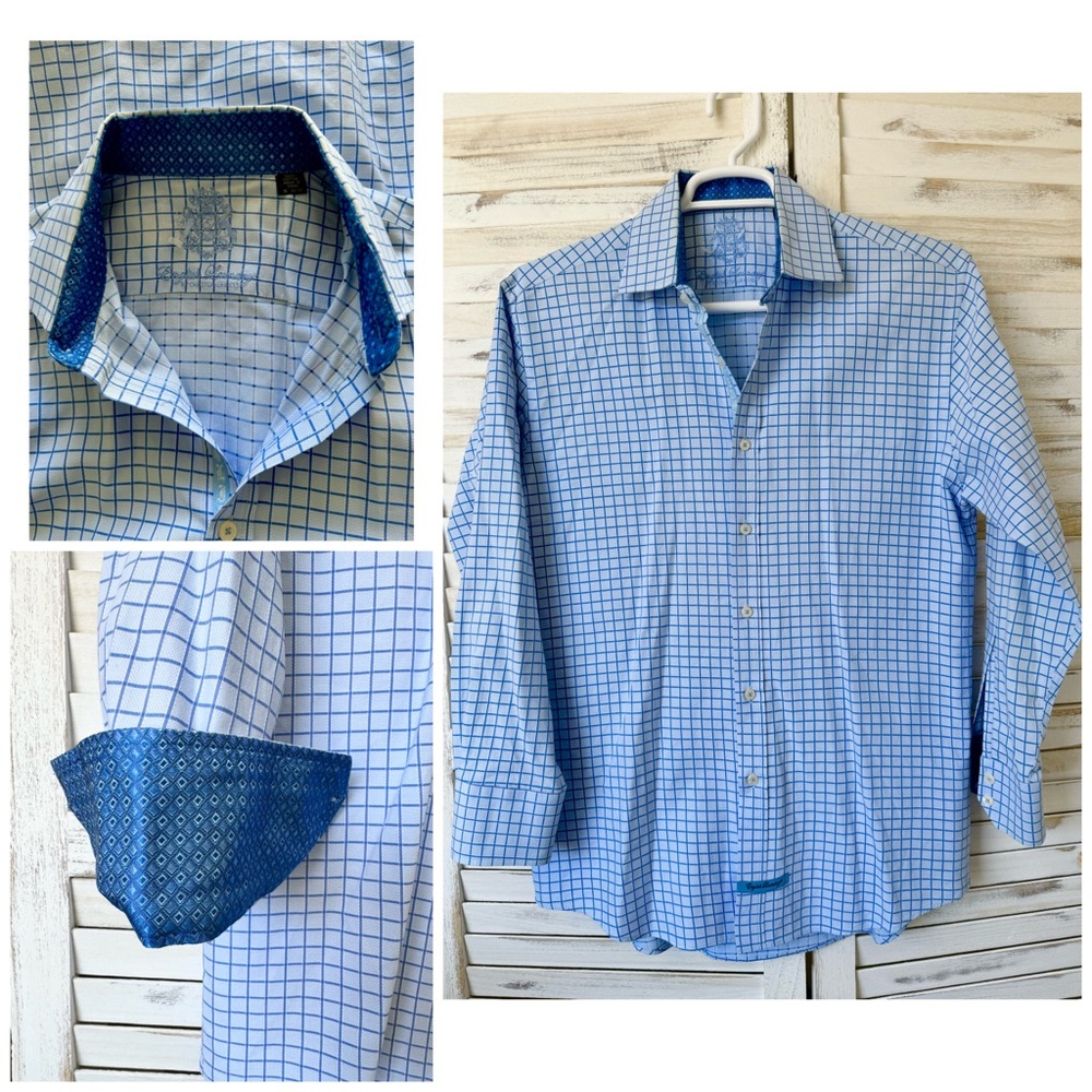English Laundry Plaid Blue Flip Cuff Button-front Shirts‎ for Men Medium